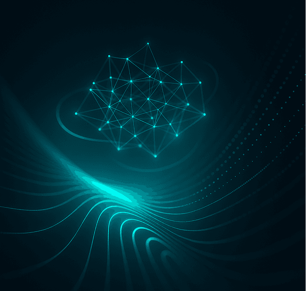 Abstract illustration: a teal node mesh hovering above flowing luminous lines on a dark field.