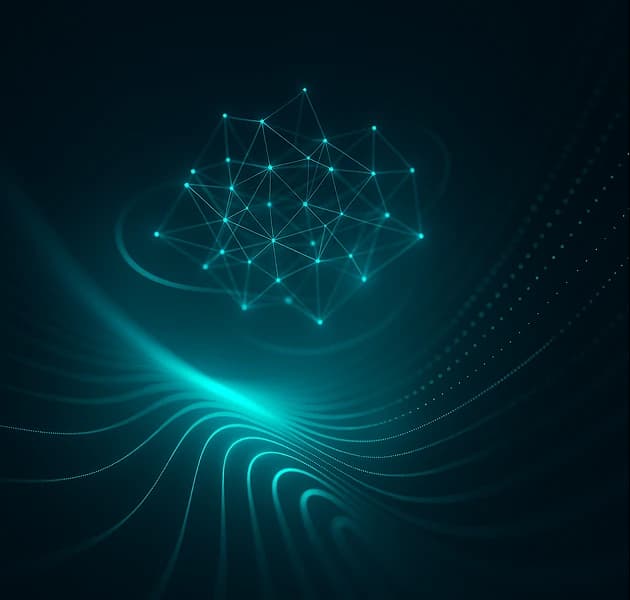 Abstract illustration: a teal node mesh hovering above flowing luminous lines on a dark field.