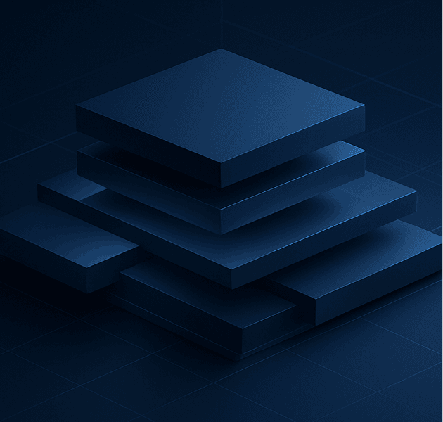 Abstract illustration: stacked navy slabs forming an ordered, layered structure on a dark field.