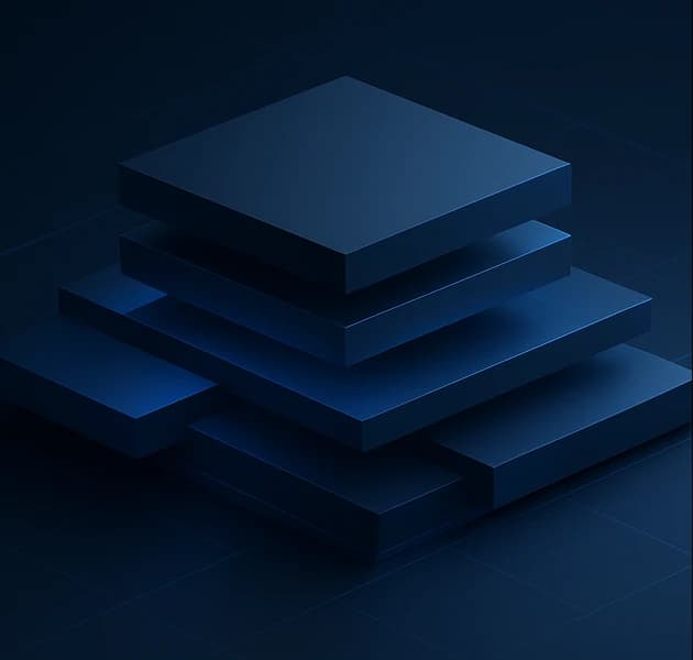 Abstract illustration: stacked navy slabs forming an ordered, layered structure on a dark field.